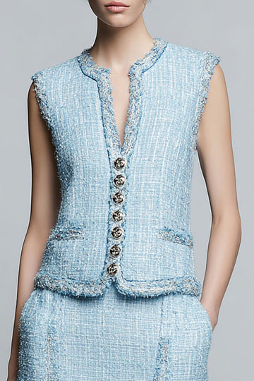 2 Piece Tweed Sky Blue V-Neck Work Dress